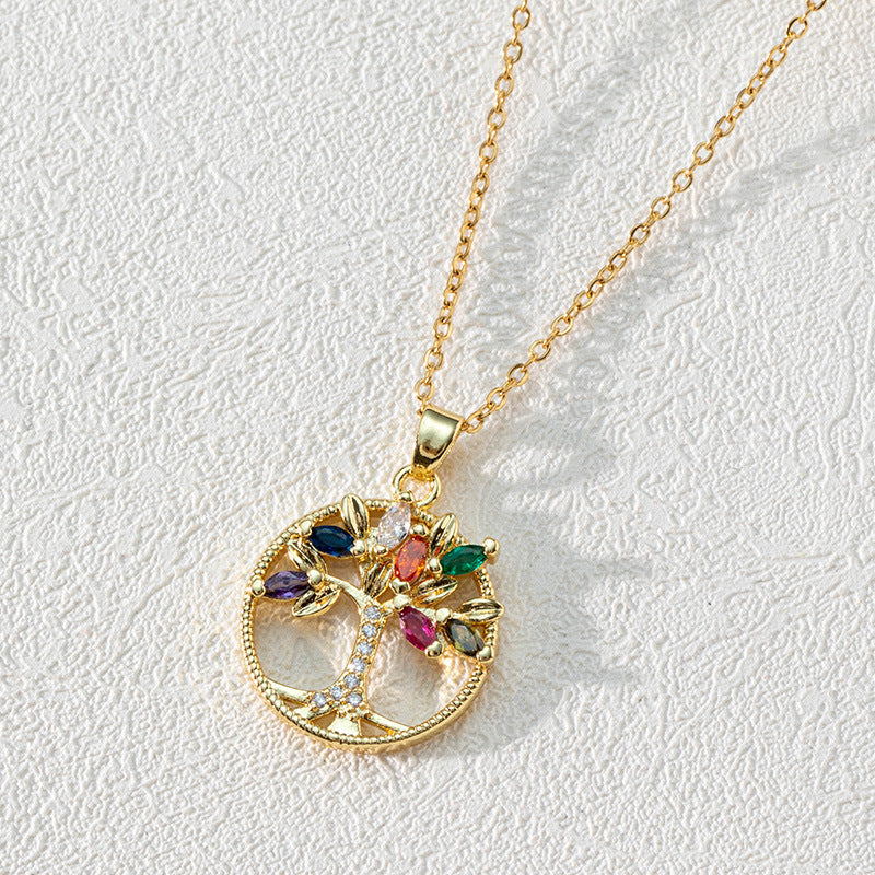 Wholesale Popular Round Hollow Tree of Life 18K Gold Plated Zircon Clavicle Chain